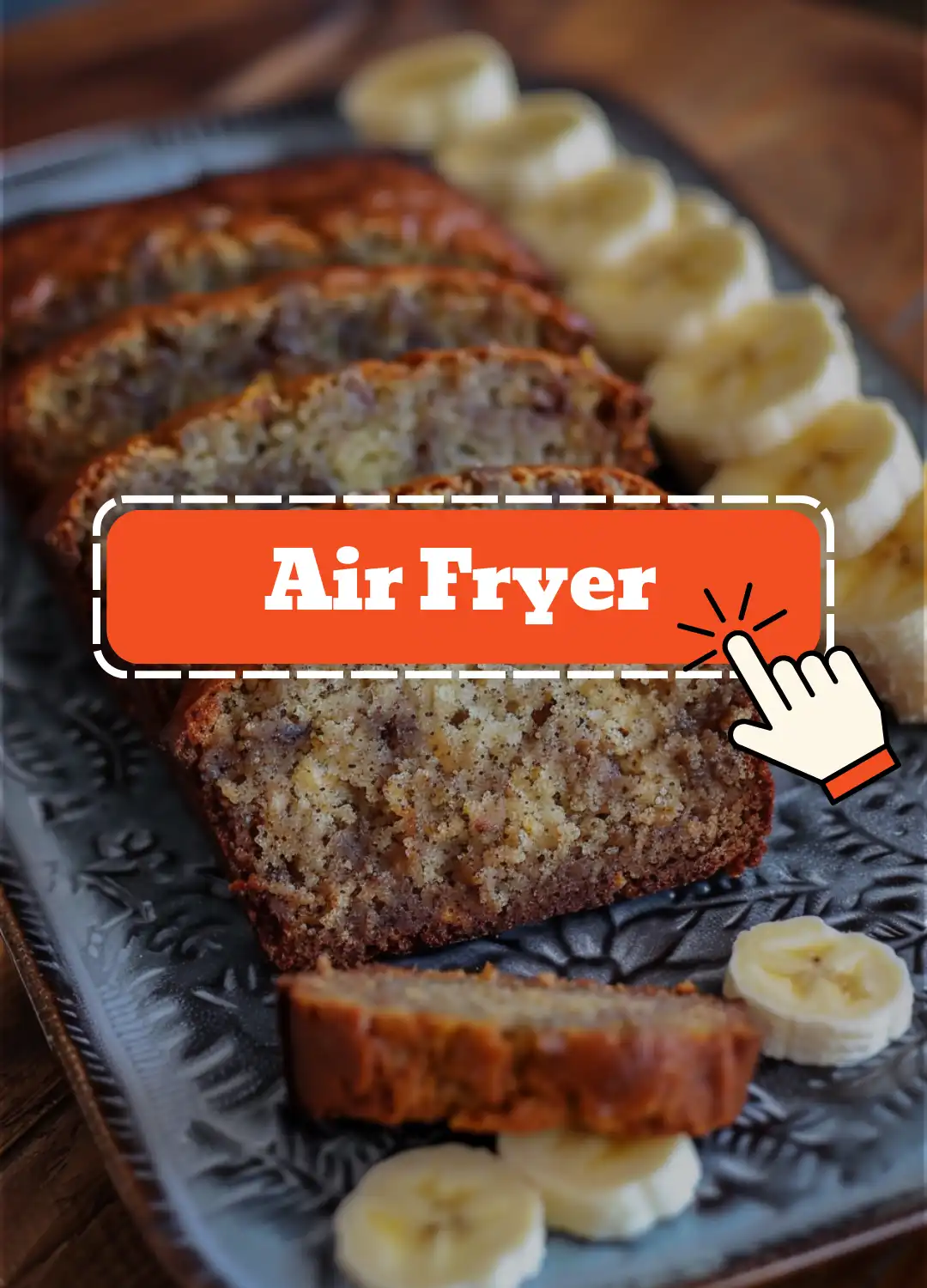 Delicious homemade banana bread made in an air fryer, sliced and served with fresh banana slices.
