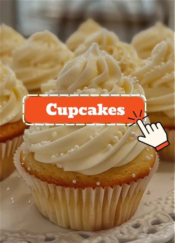 Close-up of perfectly frosted vanilla cupcakes with a creamy swirl of buttercream frosting and white sprinkles.